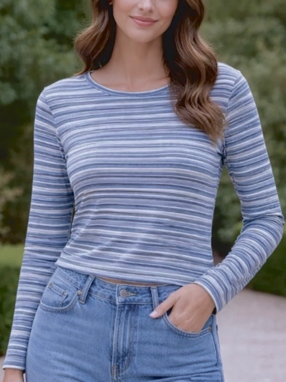 Liz Claiborne Lizwear Vintage Blue White Striped Cotton Top Women's Large Y2K